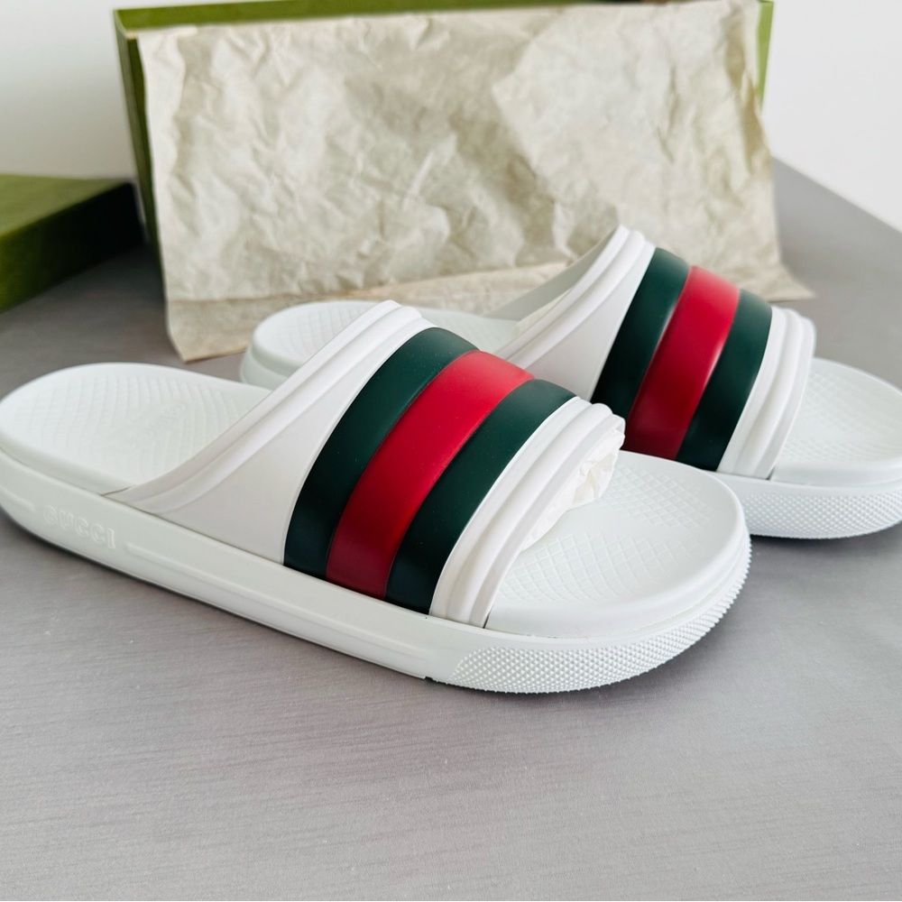 Gucci White Slides with Green and Red Web Stripe